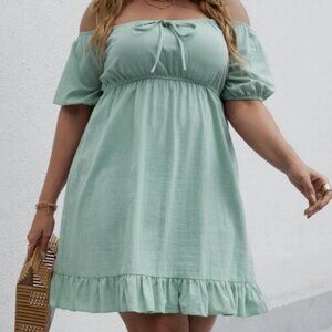 SHEIN CURVE Plus Solid Ruffle Hem Tie Front Bardot Dress Size 4XL NWOT